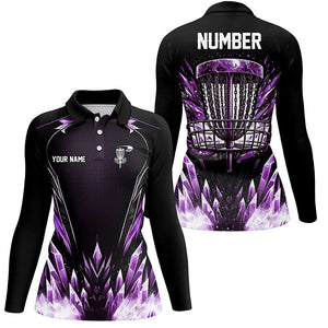 Icy purple Womens Disc golf polo shirts custom black disc golf basket jerseys, frisbee golf shirts NQS7633