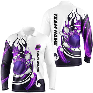White Mens bowling shirts Custom purple flame bowling ball and pins Jerseys polo, quarter zip shirts NQS7634