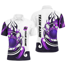 Load image into Gallery viewer, White Mens bowling shirts Custom purple flame bowling ball and pins Jerseys polo, quarter zip shirts NQS7634