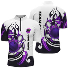 Load image into Gallery viewer, White Mens bowling shirts Custom purple flame bowling ball and pins Jerseys polo, quarter zip shirts NQS7634