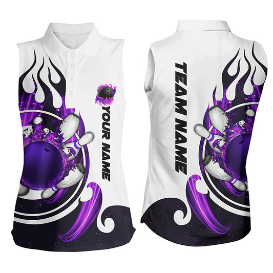 White Bowling Women sleeveless polo shirts Custom purple flame bowling ball and pins Jerseys NQS7634