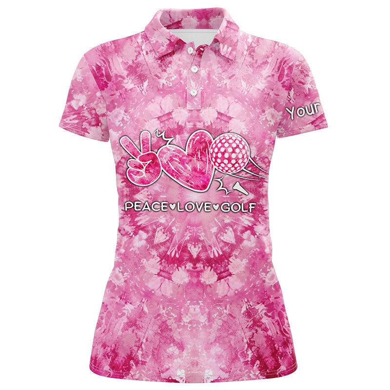 Womens golf polo shirts pink tie dye pattern custom peace love golf, personalized golf shirt for women NQS7836