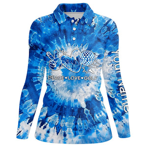 Womens golf polo shirts blue tie dye pattern custom peace love golf, personalized golf shirt for women NQS7837