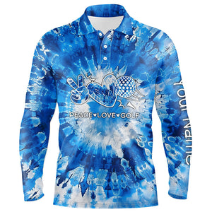 Mens golf polos shirts blue tie dye pattern custom peace love golf, personalized golf shirt for men NQS7837