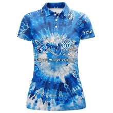 Load image into Gallery viewer, Womens golf polo shirts blue tie dye pattern custom peace love golf, personalized golf shirt for women NQS7837