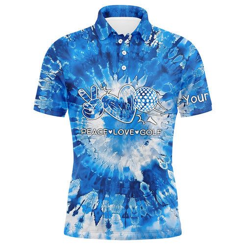 Mens golf polos shirts blue tie dye pattern custom peace love golf, personalized golf shirt for men NQS7837