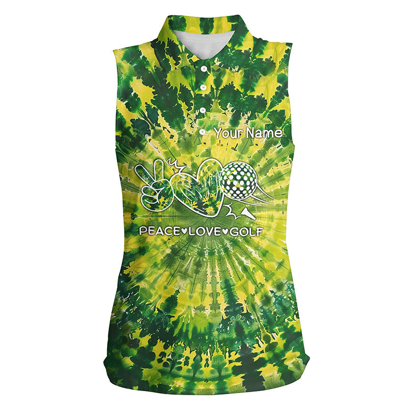 Women sleeveless polo shirt green tie dye pattern custom peace love golf, personalized golf shirt NQS7838