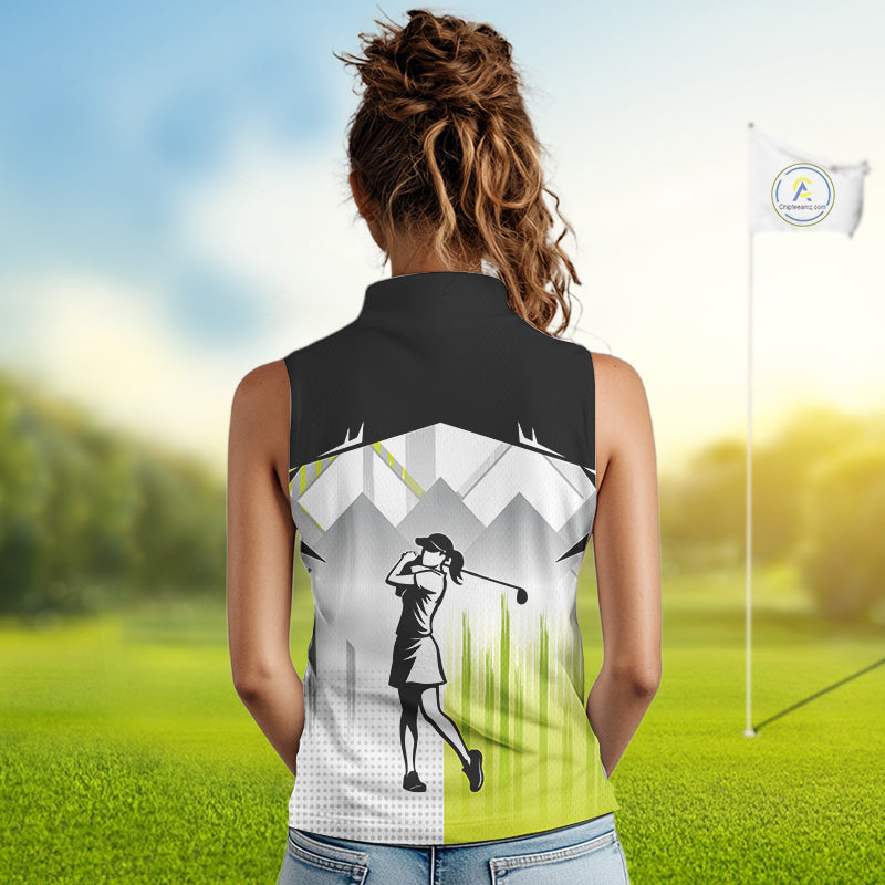 Black and White Women sleeveless polo shirt Custom ladies Golf top, personalized golf gifts | Green NQS10127