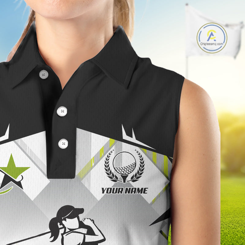 Black and White Women sleeveless polo shirt Custom ladies Golf top, personalized golf gifts | Green NQS10127