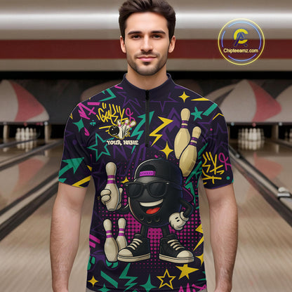 Funny Bowling shirts for Men custom purple graffiti pattern bowling team jerseys, gift for bowlers NQS10271