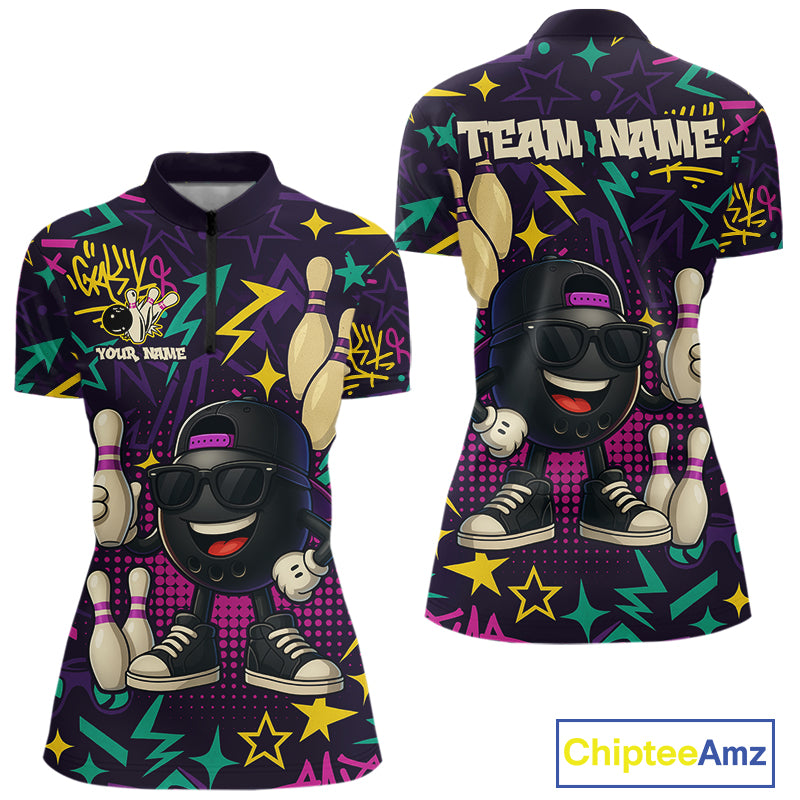 Funny Bowling shirts for Women custom purple graffiti pattern bowling team jerseys, gift for bowlers NQS10271