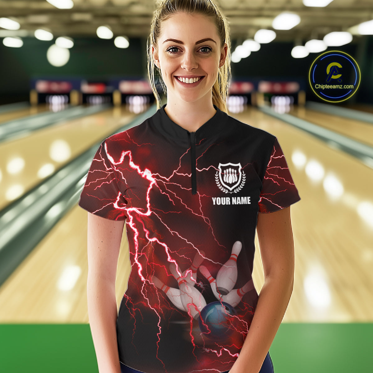 Womens bowling Quarter Zip shirts Custom red lightning thunder Bowling Team Jersey, gift for Bowlers NQS6145