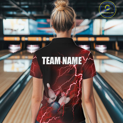 Womens bowling Quarter Zip shirts Custom red lightning thunder Bowling Team Jersey, gift for Bowlers NQS6145