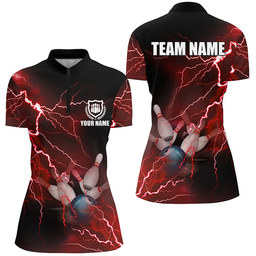 Womens bowling Quarter Zip shirts Custom red lightning thunder Bowling Team Jersey, gift for Bowlers NQS6145
