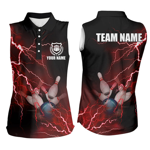Women bowling sleeveless polo shirts Custom red lightning thunder Bowling Team Jersey NQS6145