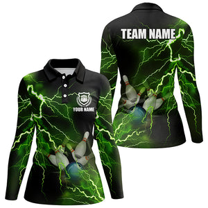 Women bowling polo shirts Custom green lightning thunder Bowling Team Jersey, gift for team Bowlers NQS6146
