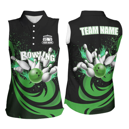 Custom Bowling Shirts For Women Green Bowling Jerseys Team League Bowling Sleeveless Polo Shirt NQS8477