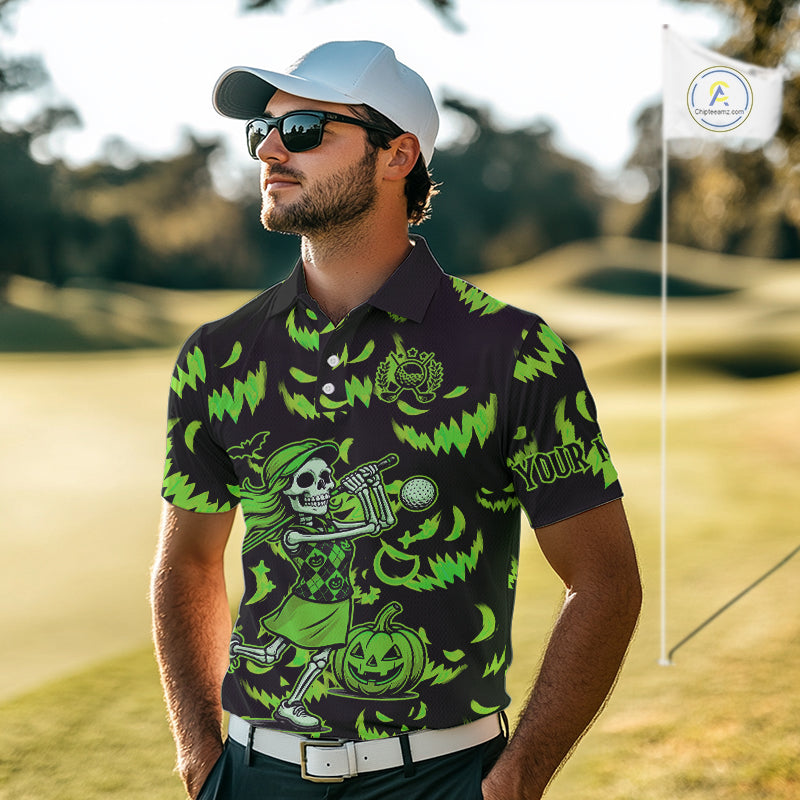 Green and Black Halloween Pattern Funny Skull Golf polo shirt for men Custom Halloween Mens golf top NQS10662