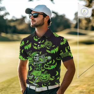 Green and Black Halloween Pattern Funny Skull Golf polo shirt for men Custom Halloween Mens golf top NQS10662