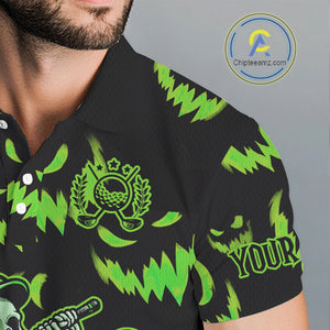 Green and Black Halloween Pattern Funny Skull Golf polo shirt for men Custom Halloween Mens golf top NQS10662