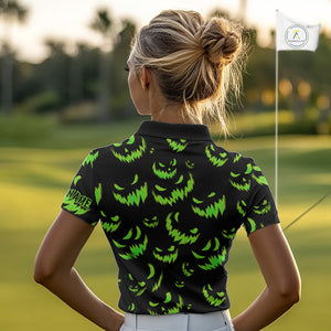 Green and Black Halloween Pattern Funny Skull Golf polo shirt for Women Custom Halloween golf top NQS10662