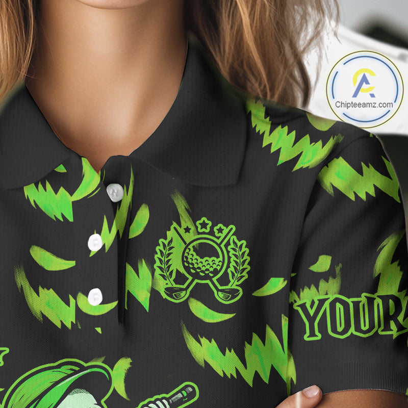 Green and Black Halloween Pattern Funny Skull Golf polo shirt for Women Custom Halloween golf top NQS10662