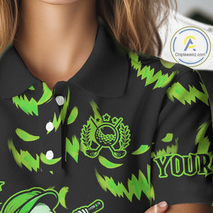 Green and Black Halloween Pattern Funny Skull Golf polo shirt for Women Custom Halloween golf top NQS10662