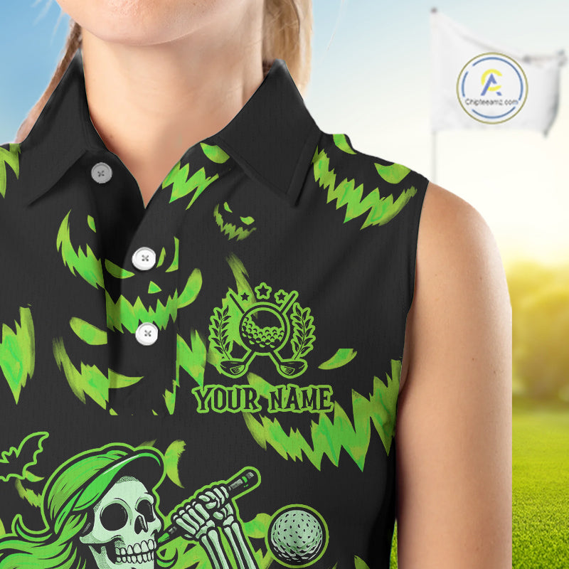 Green and Black Halloween Pattern Funny Skull Golf sleeveless polo shirt Custom Halloween golf top NQS10662