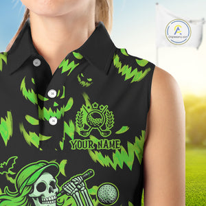 Green and Black Halloween Pattern Funny Skull Golf sleeveless polo shirt Custom Halloween golf top NQS10662