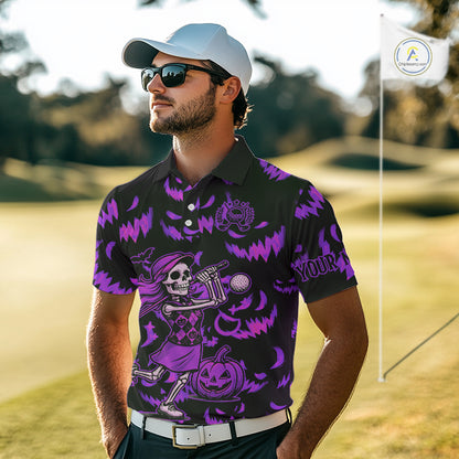 Purple and Black Halloween Pattern Funny Skull Golf polo shirt for men Custom Halloween Mens golf top NQS10663