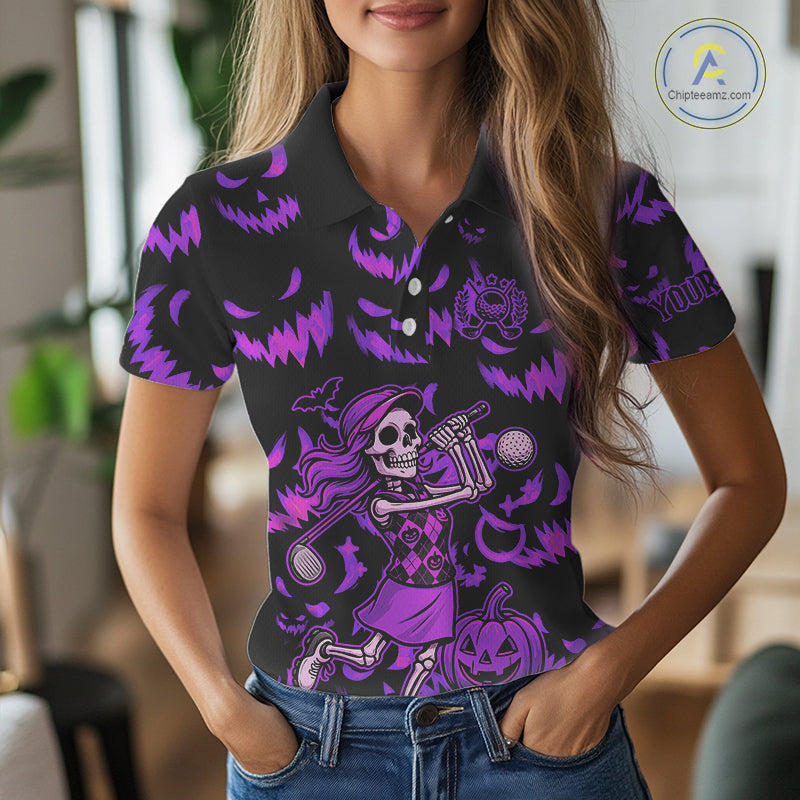 Purple and Black Halloween Pattern Funny Skull Golf polo shirt for Women Custom Halloween golf top NQS10663