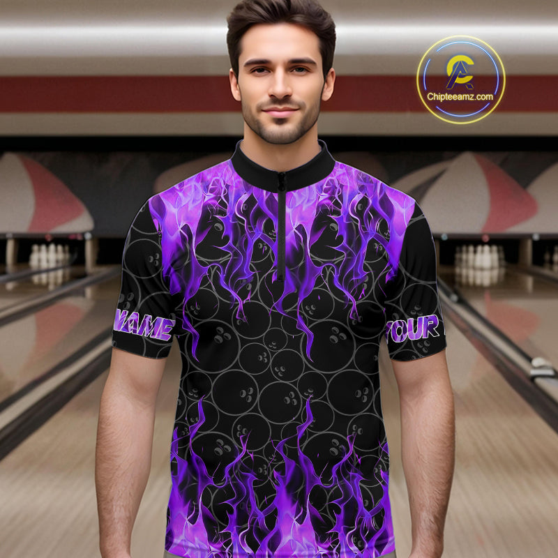 Black and Purple Flame camo Men bowling shirts Custom Flame Bowling Shirt Team Bowling Jersey NQS10666