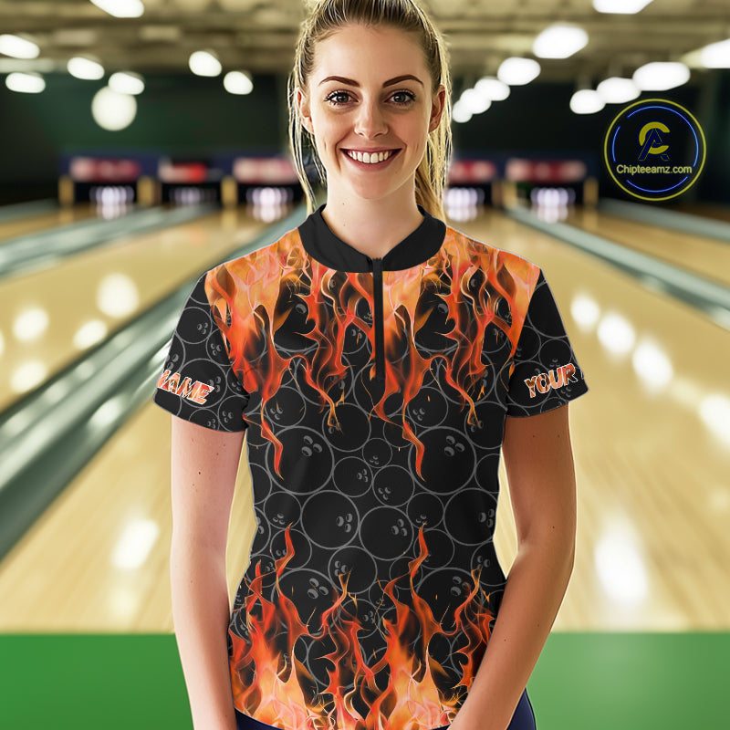 Black and Orange Flame camo Women bowling shirts Custom Flame Bowling Shirt Team Bowling Jersey NQS10667