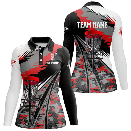 Women disc golf polo shirts custom red camo disc golf basket disc golf outfit, team disc golf apparel NQS8943