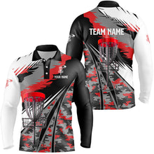 Load image into Gallery viewer, Mens disc golf polo shirts custom red camo disc golf basket disc golf outfit, team disc golf apparel NQS8943