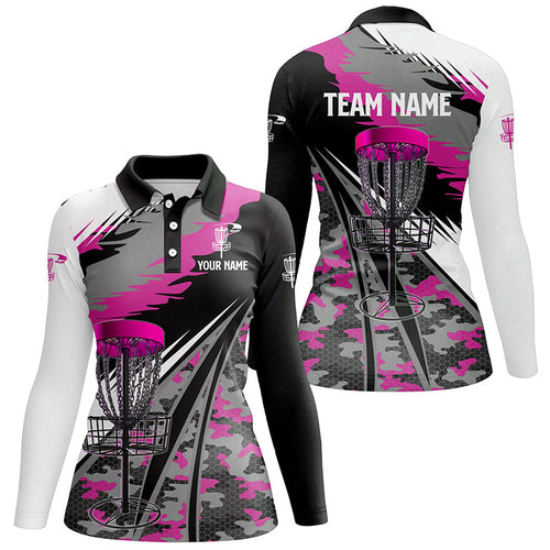 Women disc golf polo shirts custom pink camo disc golf basket disc golf outfit, team disc golf apparel NQS8944