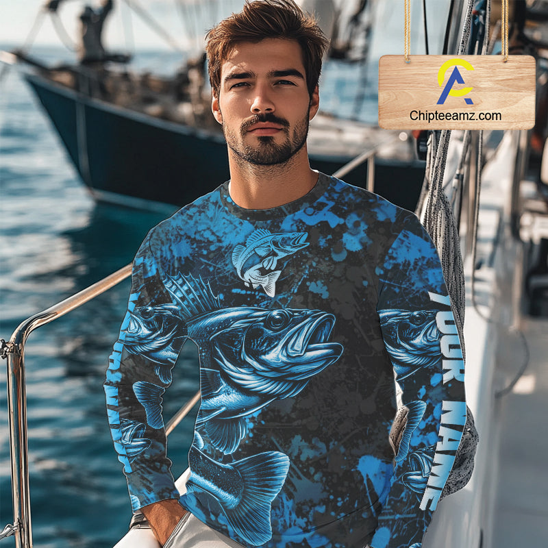Blue Camo Walleye Fishing Shirts Custom performance fishing apparel, walleye fishing jerseys NQS11061