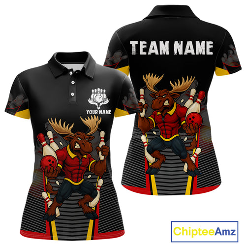 Black and Red Funny Moose Bowling shirts for women Custom polo, quarter zip bowling outfits for women NQS11064