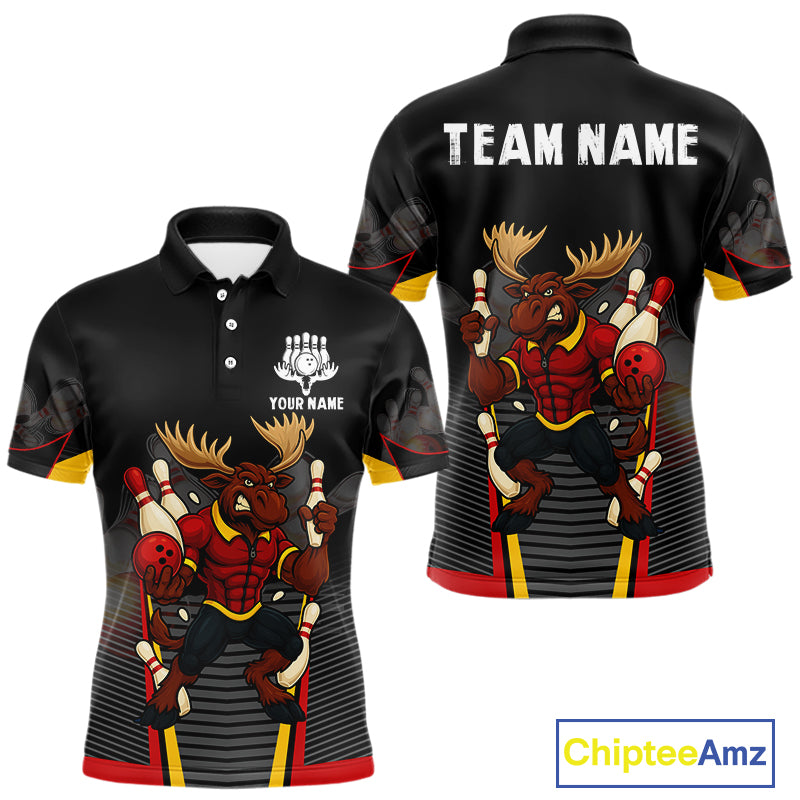 Black and Red Funny Moose Bowling Team Polo, Quarter Zip Shirts For Men Custom bowling jerseys men NQS11064