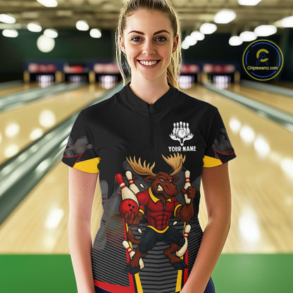 Black and Red Funny Moose Bowling shirts for women Custom polo, quarter zip bowling outfits for women NQS11064