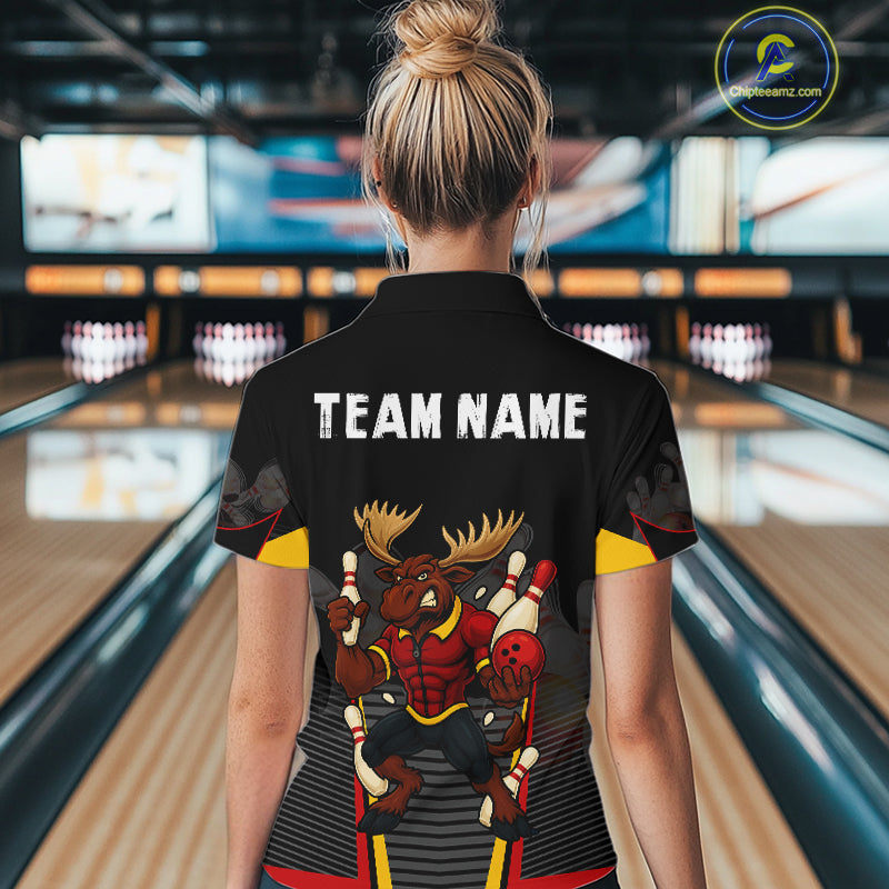 Black and Red Funny Moose Bowling shirts for women Custom polo, quarter zip bowling outfits for women NQS11064