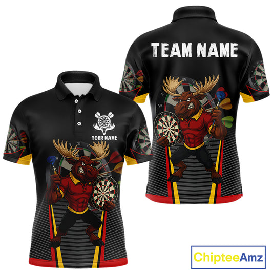 Black and Red Funny Moose Darts Polo, Quarter Zip Shirts For Men Custom Darts Team Jerseys NQS11065