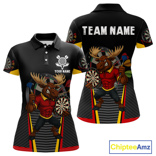 Black and Red Funny Moose Darts Polo, Quarter Zip Shirts For Women Custom Darts Team Jerseys NQS11065