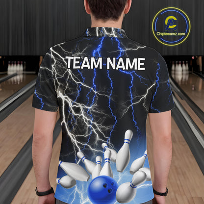Men's bowling Polo, Quarter Zip shirts Custom Blue lightning thunder team bowling league jerseys NQS11261