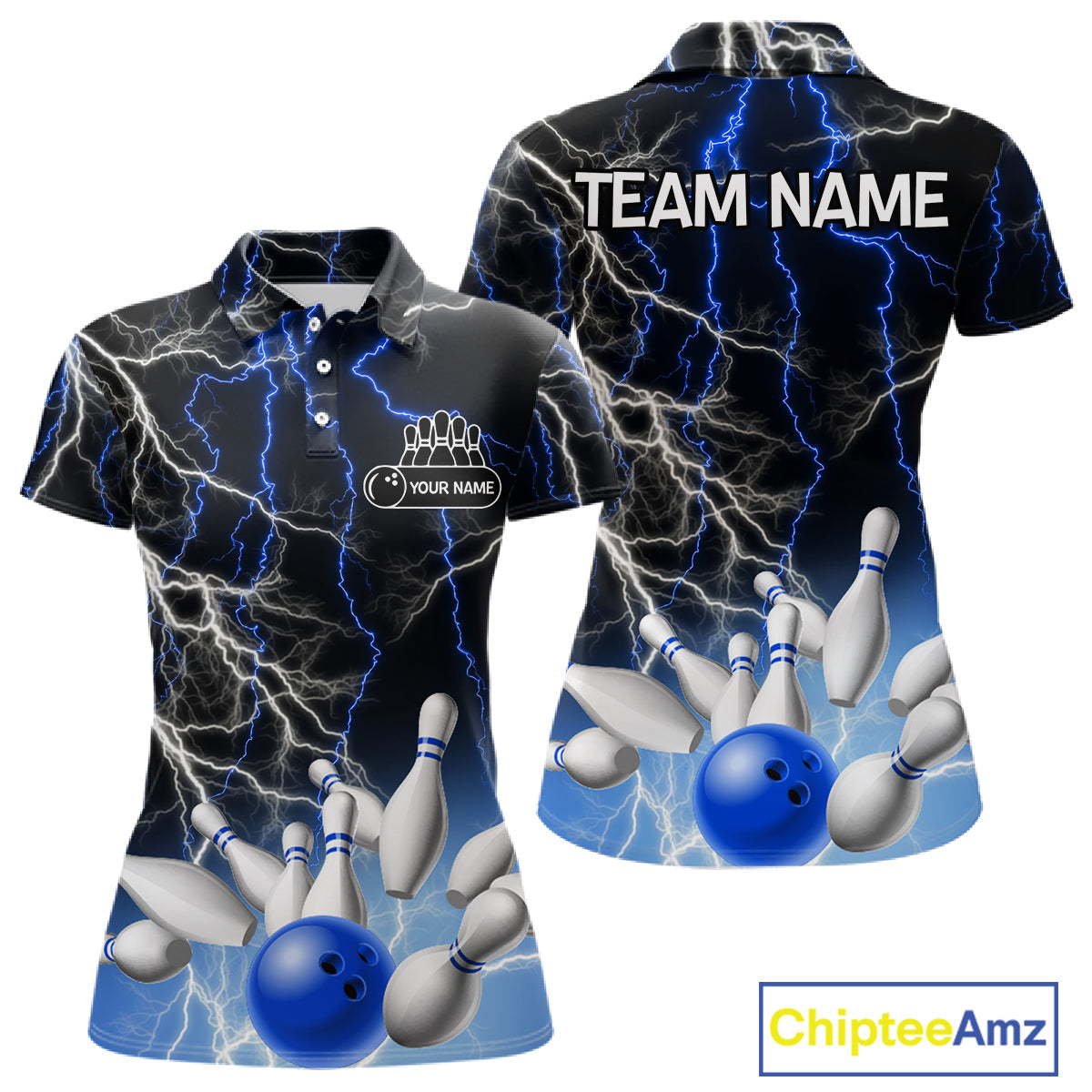Women's bowling Polo, Quarter Zip shirts Custom Blue lightning thunder team bowling league jerseys NQS11261