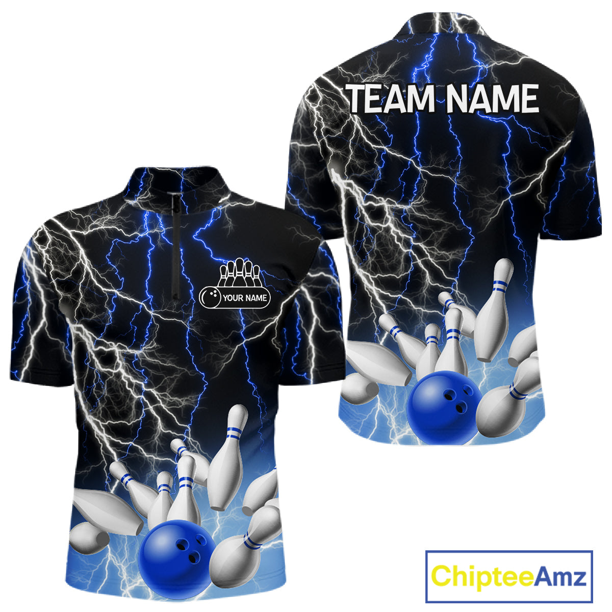 Men's bowling Polo, Quarter Zip shirts Custom Blue lightning thunder team bowling league jerseys NQS11261