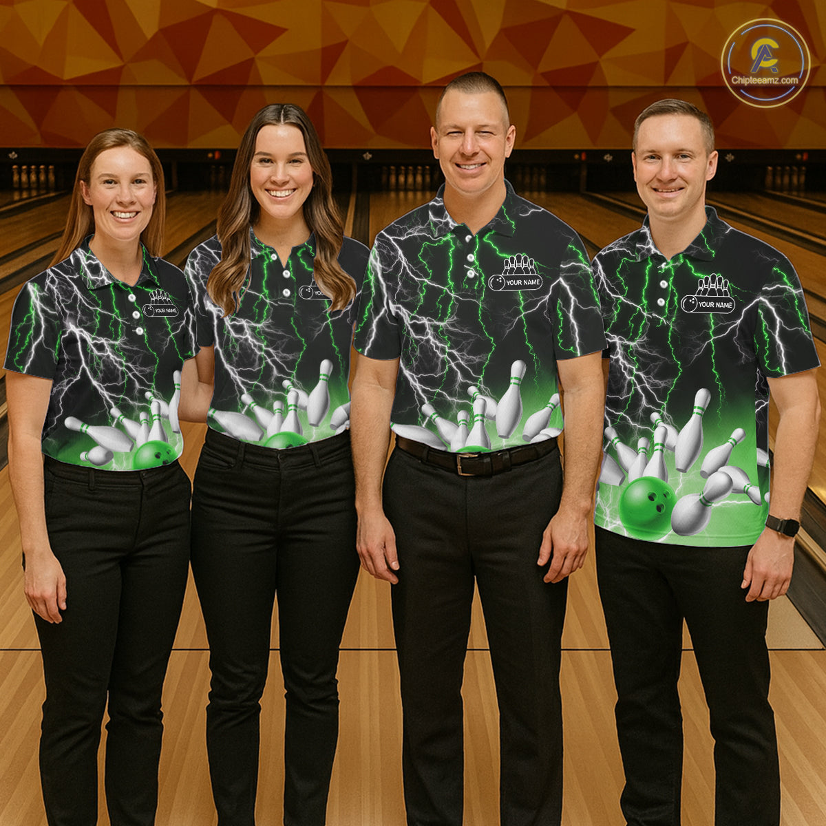 Men's bowling Polo, Quarter Zip shirts Custom Green lightning thunder team bowling league jerseys NQS11262