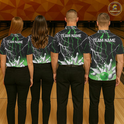 Men's bowling Polo, Quarter Zip shirts Custom Green lightning thunder team bowling league jerseys NQS11262