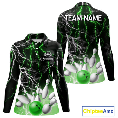 Women's bowling Polo, Quarter Zip shirts Custom Green lightning thunder team bowling league jerseys NQS11262
