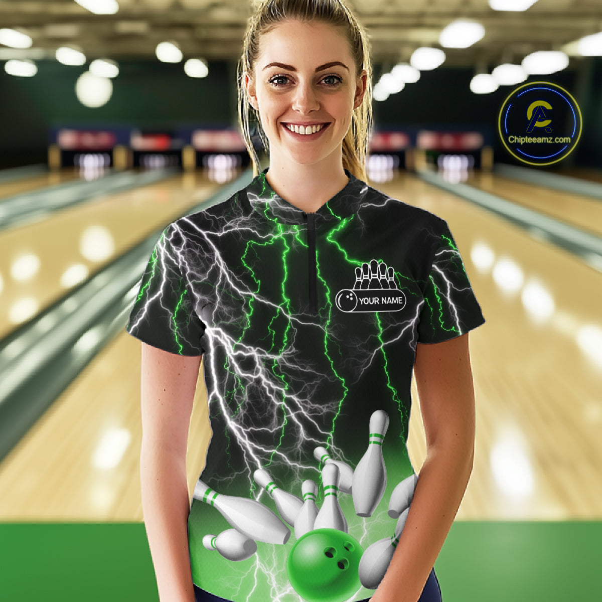 Women's bowling Polo, Quarter Zip shirts Custom Green lightning thunder team bowling league jerseys NQS11262